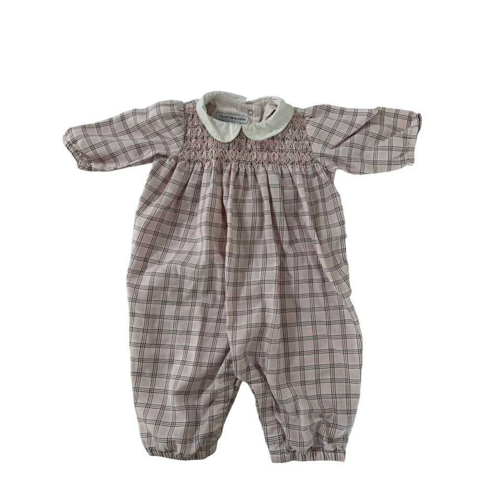 VTG Tommy Hilfiger Baby Girls Pink Plaid Smocked Romper 3-6 Months